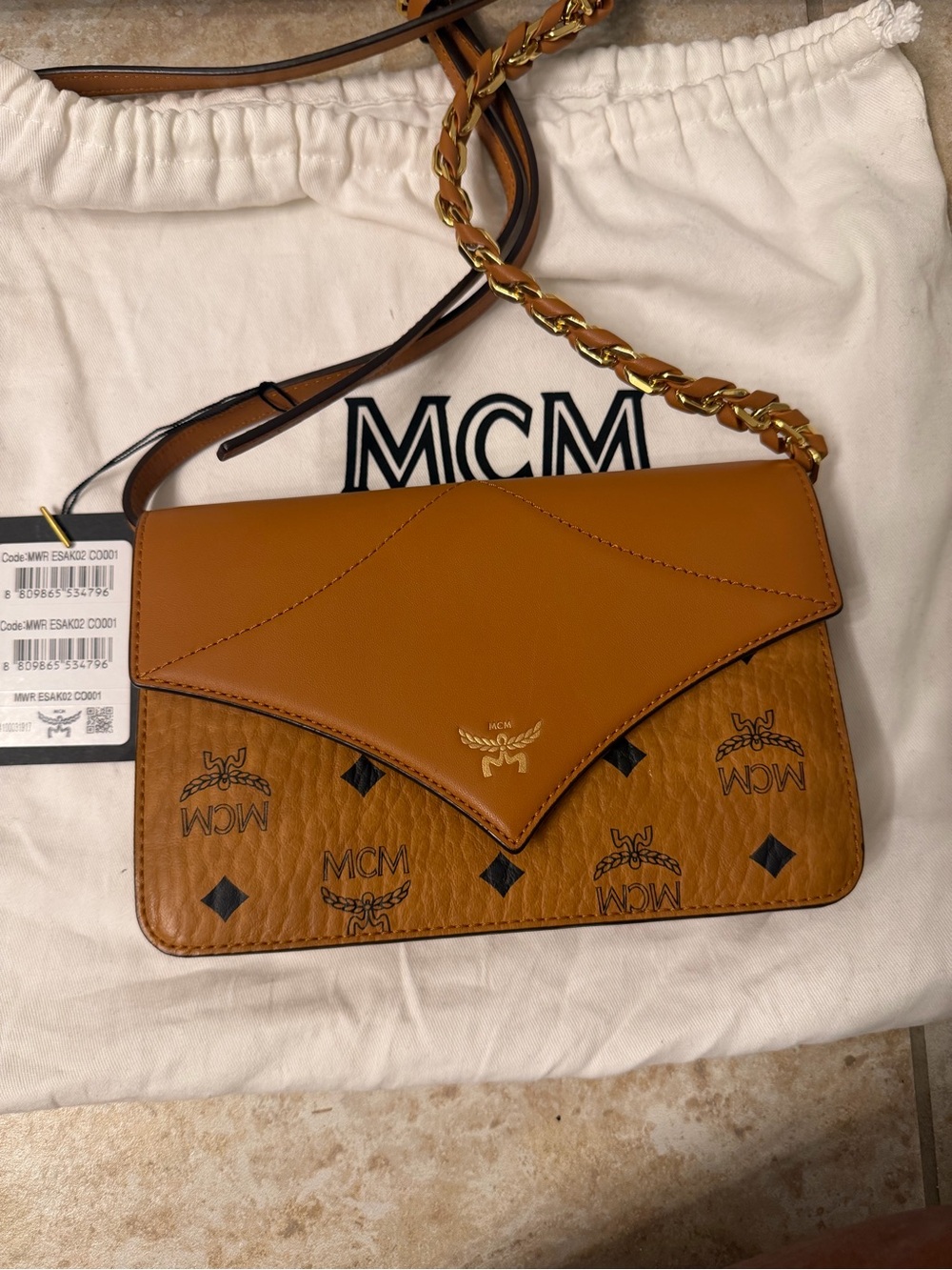 MCM Tan Visetos Crossbody Bag with Gold Chain Strap